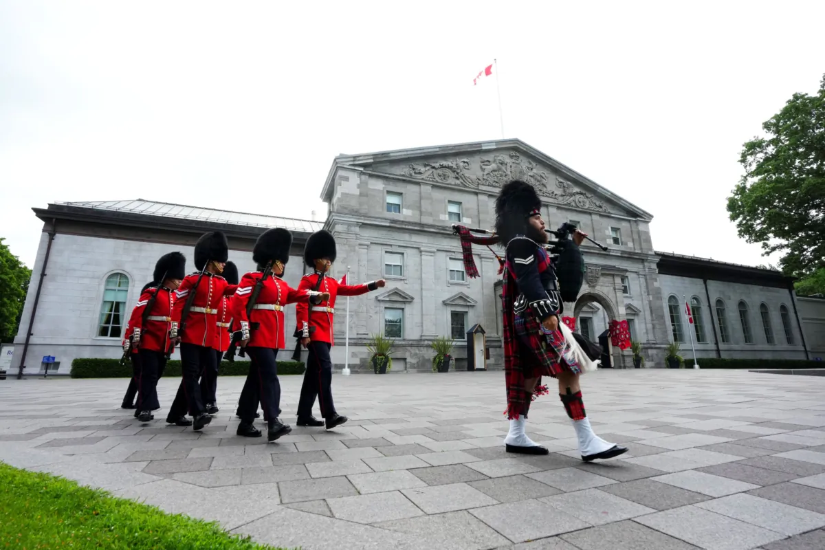 The Ceremonial Guard performs Sentry Duties at Rideau Hall, the official residence of the King of Canada (and in his absence, residence of the Governor General of Canada), in Ottawa on July 7, 2023.  (The Canadian Press/Sean Kilpatrick)