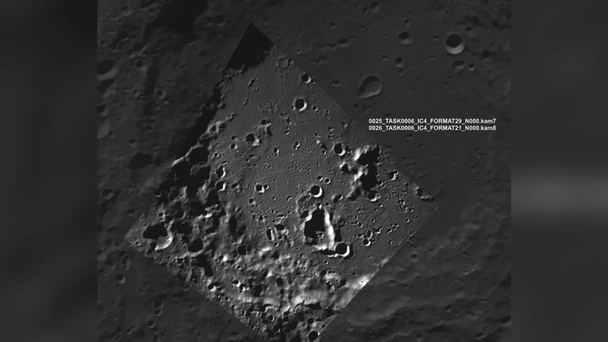 An image of the lunar south pole region on the far side of the moon captured by Russia's Luna-25 spacecraft before its failed attempt to land, in a photo released on Aug. 17, 2023. (Centre for Operation of Space Ground-Based Infrastructure-Roscosmos State Space Corporation via AP)