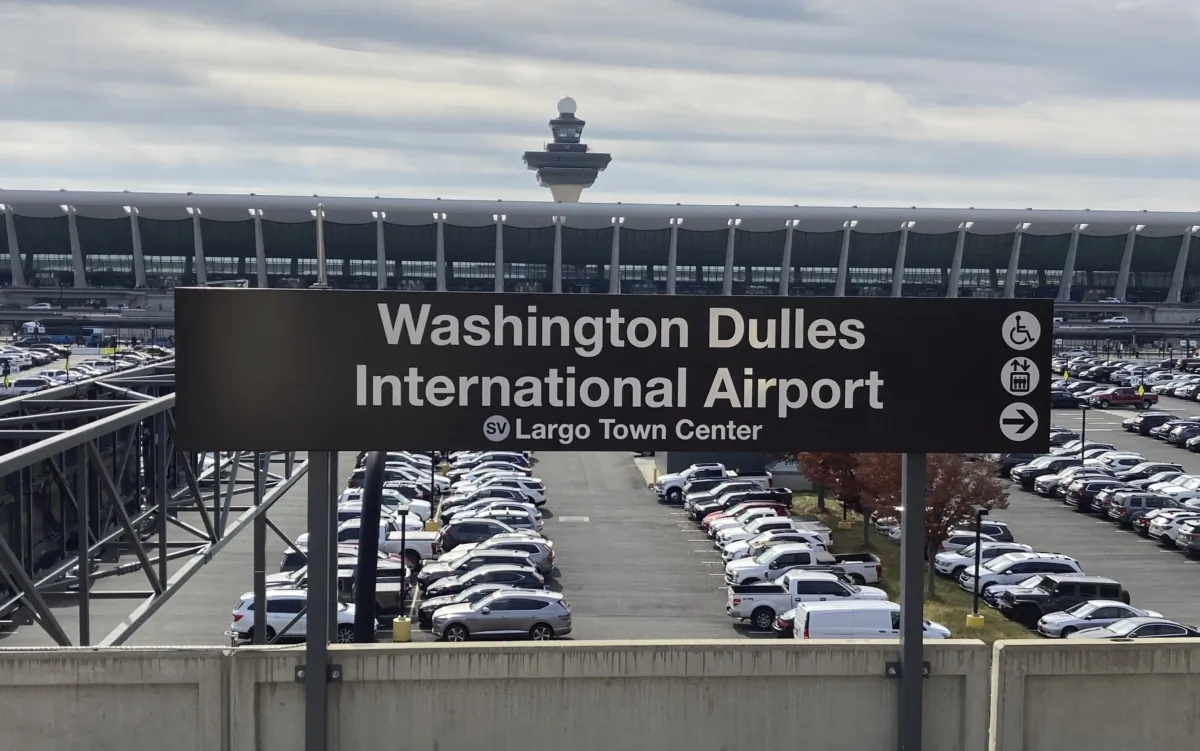 The Metrorail station at Dulles International Airport in Chantilly, Va., on Nov. 2, 2022, with the terminal in the background. (Matthew Barakat/AP Photo)