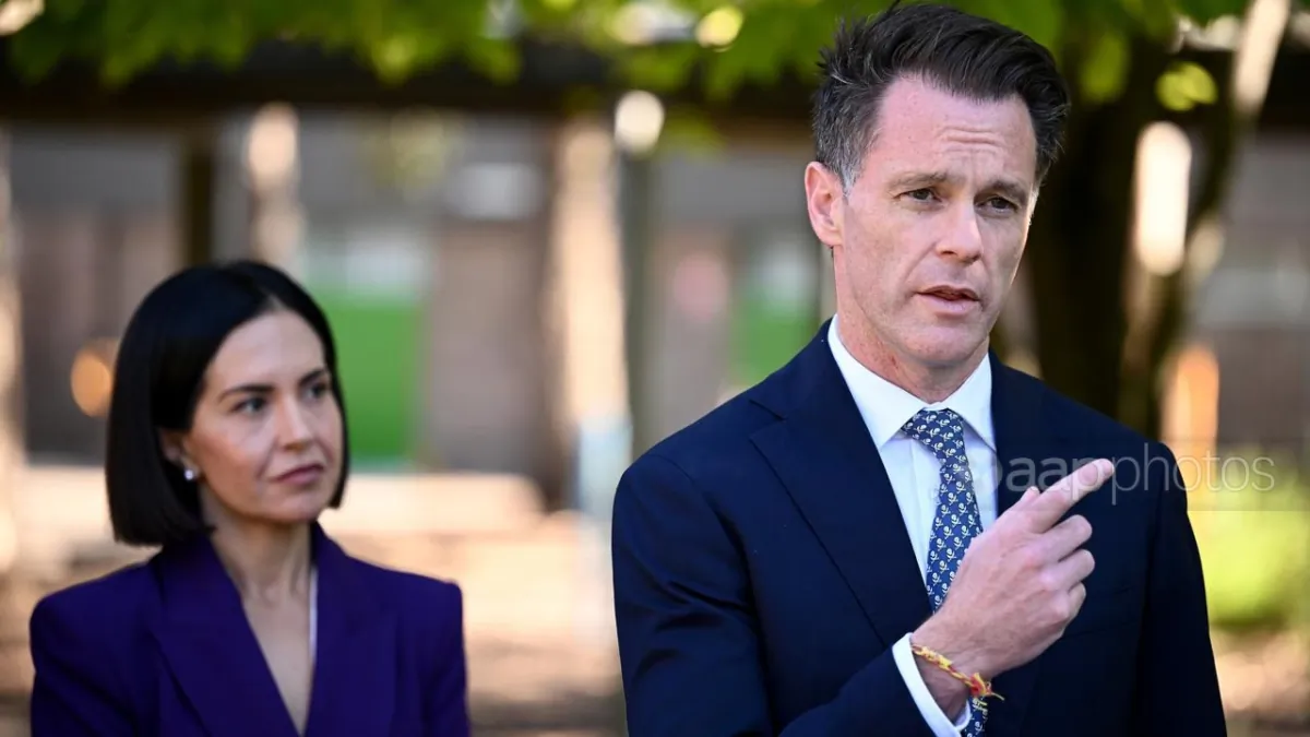 NSW Deputy Premier Prue Car (L) along with Premier Chris Minns during a press conference at Cambridge Gardens Public School, in Sydney, Australia on July 28, 2023. (AAP Image/Bianca De Marchi)