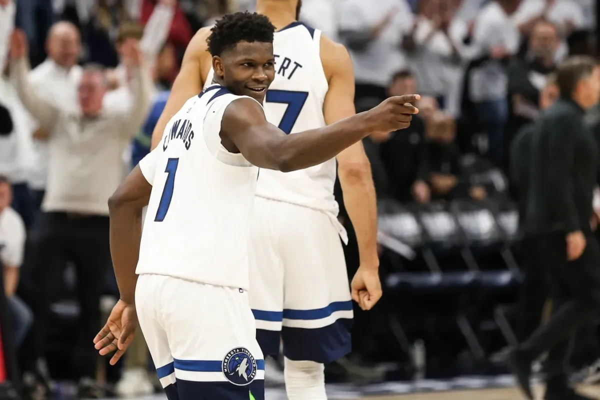 Minnesota Timberwolves guard Anthony Edwards (1) reacts to his shot against the Denver Nuggets during overtime of game four of the 2023 NBA Playoffs at Target Center in Minneapolis, Minn., on April 23, 2023. (Matt Krohn/USA TODAY Sports via Field Level Media)