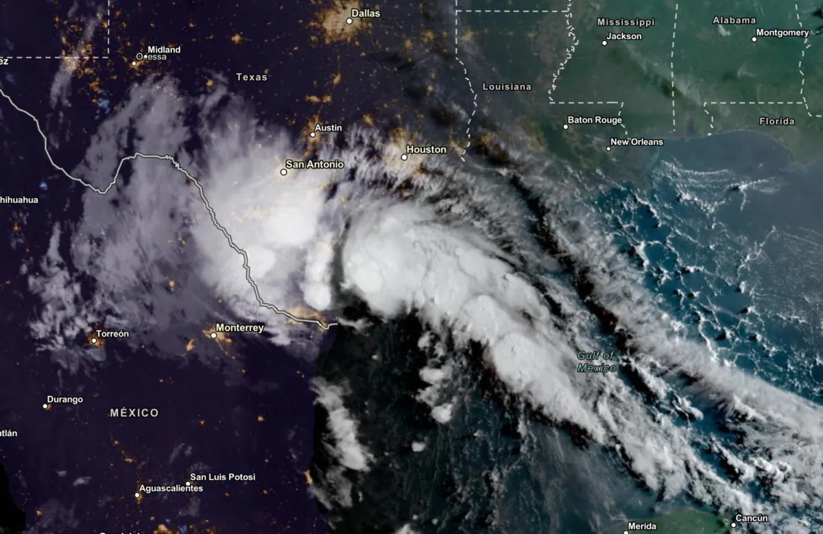 Tropical Storm Harold moving northwest in the Gulf of Mexico on Aug. 22, 2023. (NOAA via Reuters)