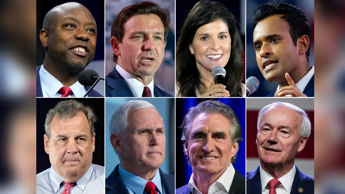 (Top L–R) Republican presidential candidates Sen. Tim Scott (R-S.C.), Florida Gov. Ron DeSantis, former South Carolina Gov. Nikki Haley, and Vivek Ramaswamy. (Bottom L–R) Former New Jersey Gov. Chris Christie, former Vice President Mike Pence, North Dakota Gov. Doug Burgum, and former Arkansas Gov. Asa Hutchinson. (AP Photo)