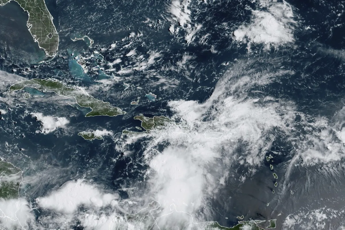 Tropical Storm Franklin approaches Hispaniola island at 9:40 a.m. ET on Aug. 22, 2023. (NOAA via AP)