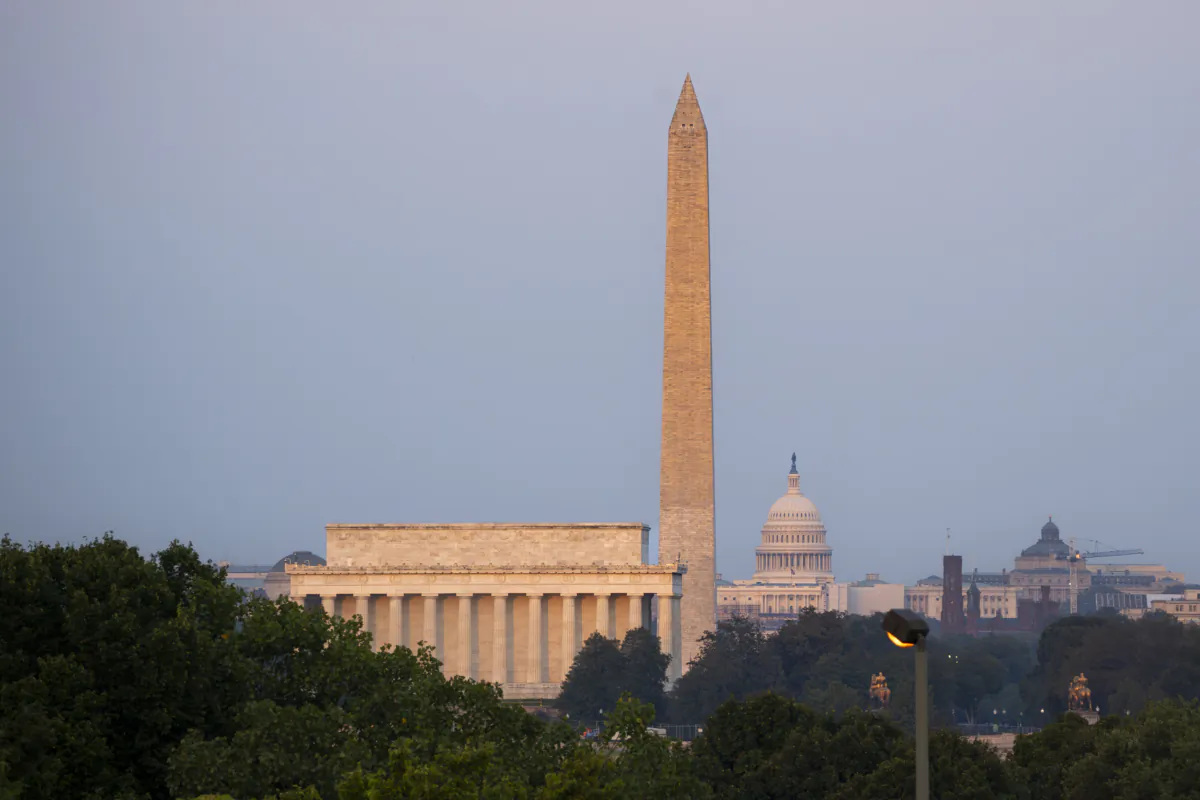 (Left to right) Lincoln Memorial, Washington Monument, and U.S. Capitol Building view from Arlington, Va., on Aug. 21, 2023. (Madalina Vasiliu/The Epoch Times)