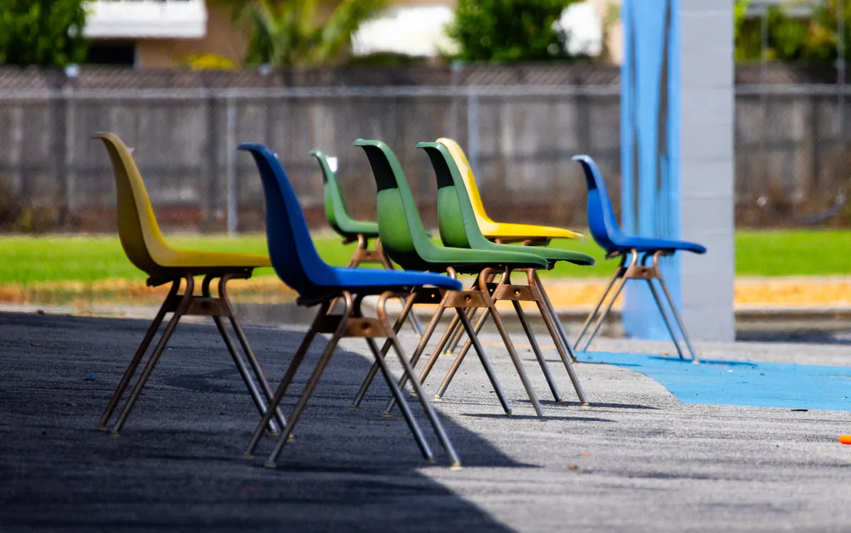 Empty chairs at Paularino Elementary School, of the Newport-Mesa Unified School District, in Costa Mesa, Calif., on Aug. 21, 2023. (John Fredricks/The Epoch Times)