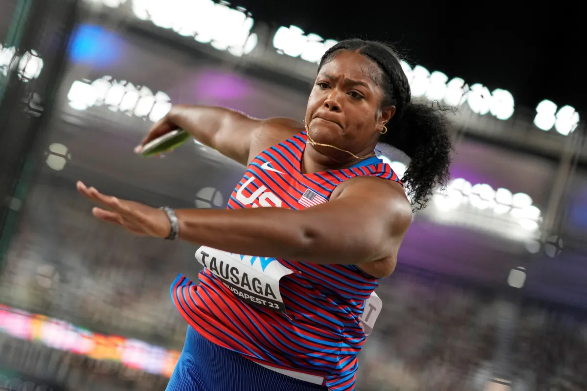 Laulauga Tausaga, of the United States, reacts after an attempt in the Women's discus throw final during the World Athletics Championships in Budapest, Hungary, on Aug. 22, 2023. (Matthias Schrader/AP Photo)