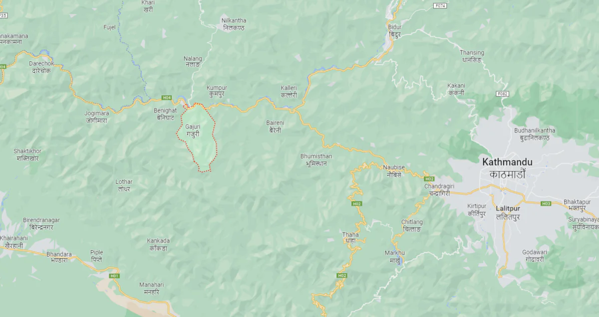 The map shows the location of the town of Gajuri, 120 kilometers (75 miles) west of the capital, Kathmandu, Nepal, on Aug. 23, 2023. (Google Maps)