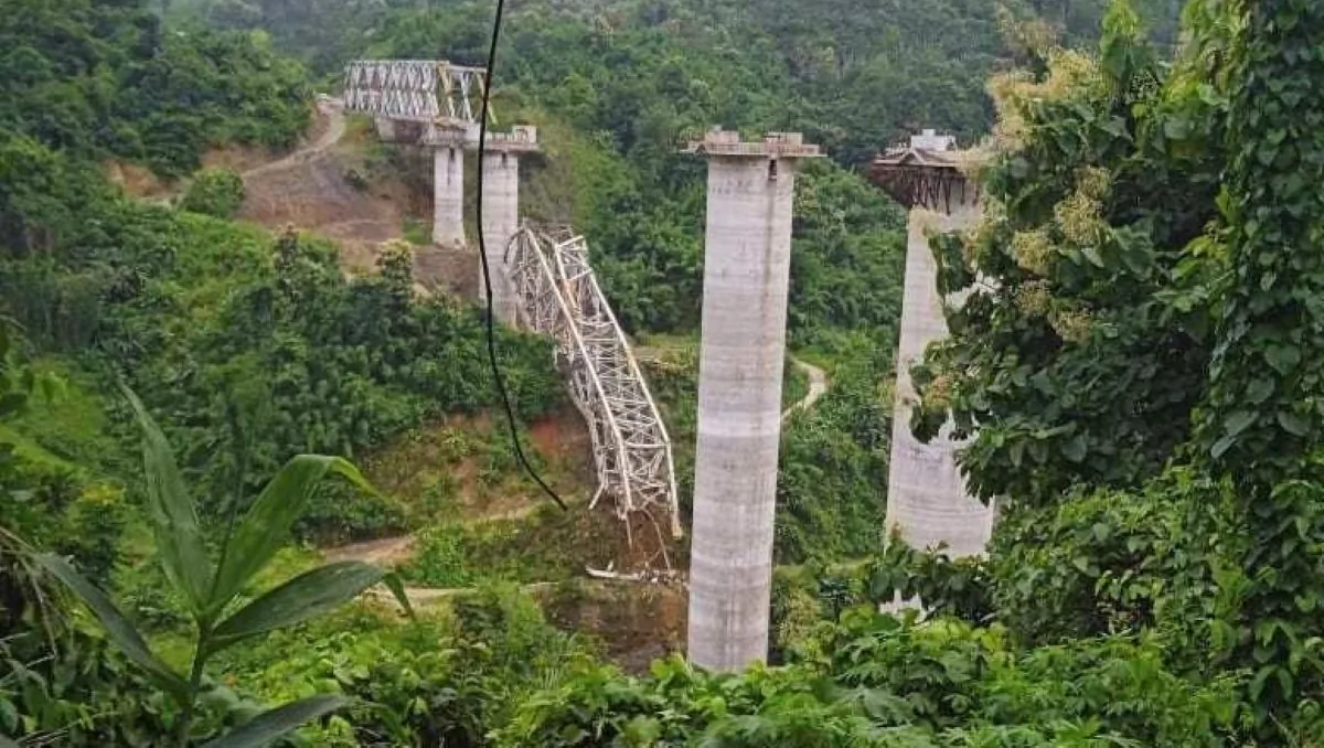 The collapse at an under construction railroad bridge in Sairang, on the outskirts of Aizawal, Mizoram state, India, on Aug. 23, 2023. (Mizoram Chief Minister''s X via AP)