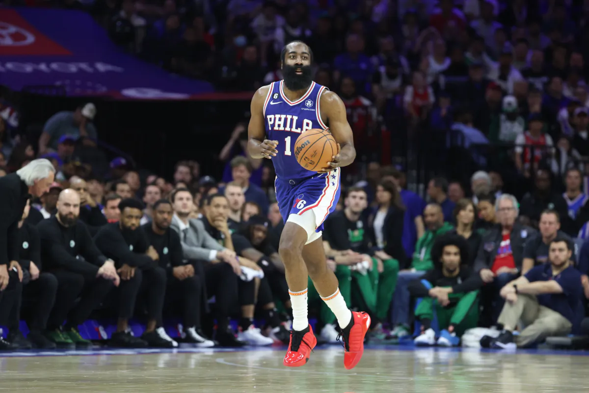 James Harden (1) of the Philadelphia 76ers dribbles against the Boston Celtics during the third quarter in game four of the Eastern Conference Second Round Playoffs at Wells Fargo Center in Philadelphia on May 7, 2023. (Tim Nwachukwu/Getty Images)