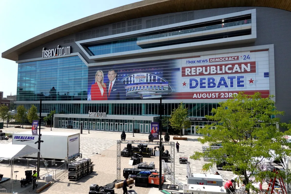 The Fiserv Forum is prepared for the Republican presidential debate in Milwaukee, Wis., on Aug. 22, 2023. (Scott Olson/Getty Images)