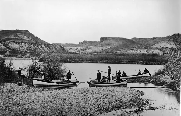 Start of the second Colorado Expedition led by American anthropologist, geologist, and explorer Maj. John Wesley Powell at Green River, Wyoming, 1871. (Authenticated News/Getty Images)