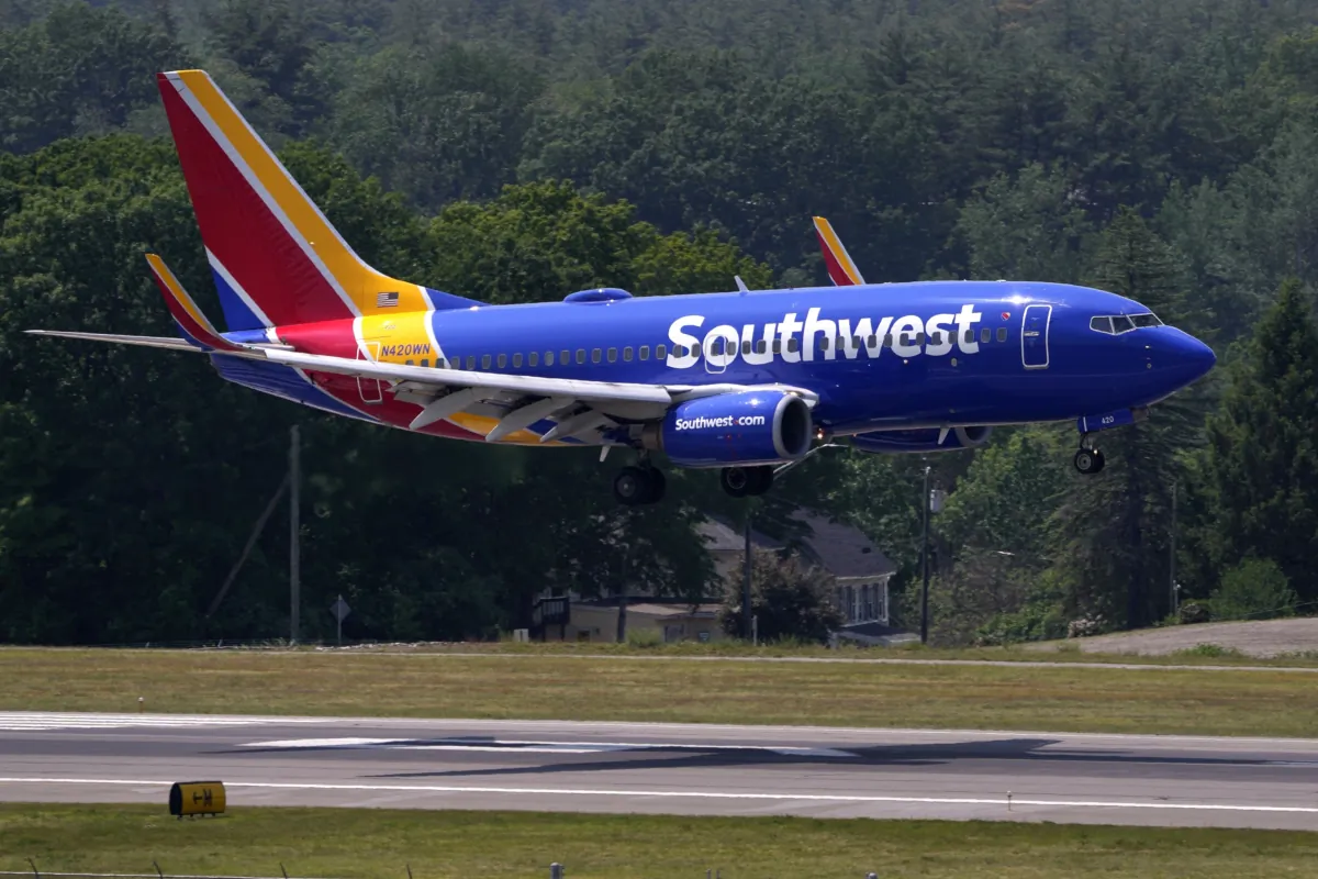Southwest Airlines Boeing 737 lands at Manchester Boston Regional Airport in Manchester, N.H., on June 2, 2023. (Charles Krupa/AP Photo)