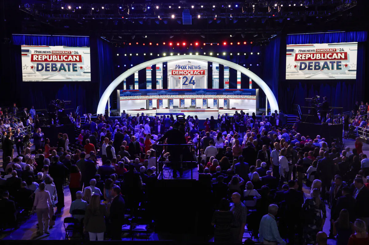 The stage is pictured before the FOX News Republican Presidential Debate 2023 at the Fiserv Forum on August 23, 2023 in Milwaukee, Wisconsin. (Win McNamee/Getty Images)