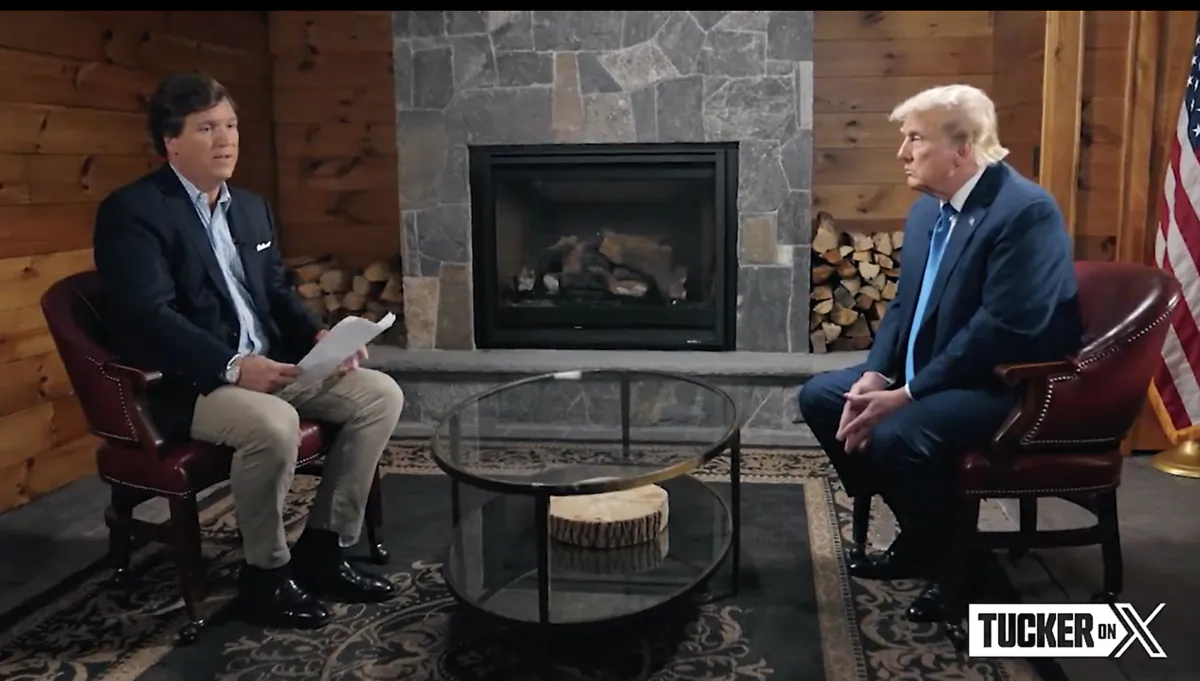 Former president Donald Trump speaks with Tucker Carlson in a pre-recorded interview aired on debate night on Aug. 23, 2023. (Tucker Carlson/X)