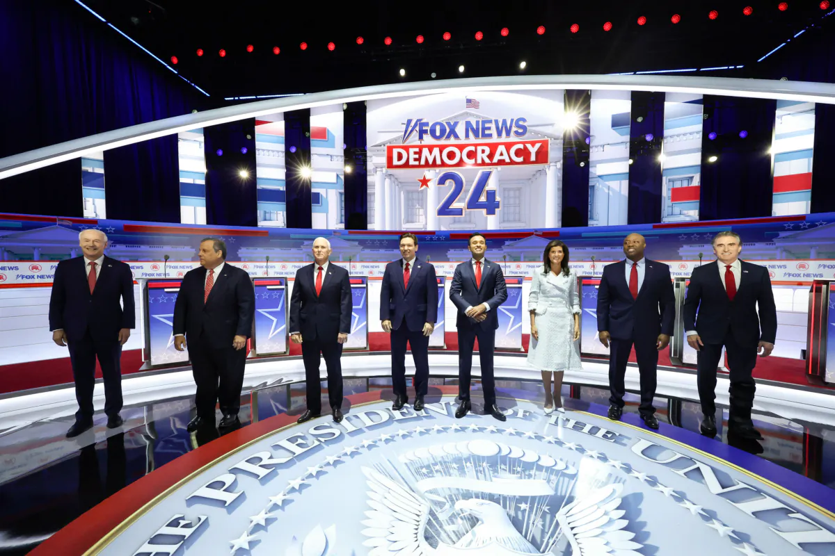 Republican presidential candidates (L-R), former Arkansas Gov. Asa Hutchinson, former New Jersey Gov. Chris Christie, former Vice President Mike Pence, Florida Gov. Ron DeSantis, Vivek Ramaswamy, former U.N. Ambassador Nikki Haley, Sen. Tim Scott (R-S.C.) and North Dakota governor Doug Burgum, are introduced during the first debate of the GOP primary season hosted by FOX News at the Fiserv Forum in Milwaukee, Wis., on Aug. 23, 2023. (Scott Olson/Getty Images)