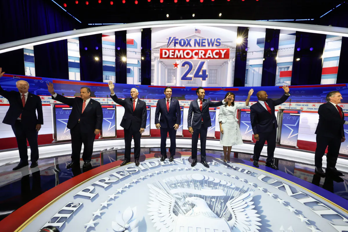Republican presidential candidates (L-R), former Arkansas Gov. Asa Hutchinson, former New Jersey Gov. Chris Christie, former U.S. Vice President Mike Pence, Florida Gov. Ron DeSantis, Vivek Ramaswamy, former UN Ambassador Nikki Haley, U.S. Sen. Tim Scott (R-S.C.) and North Dakota governor Doug Burgum, are introduced during the first debate of the GOP primary season hosted by FOX News at the Fiserv Forum on August 23, 2023, in Milwaukee, Wisconsin. (Photo by Scott Olson/Getty Images)