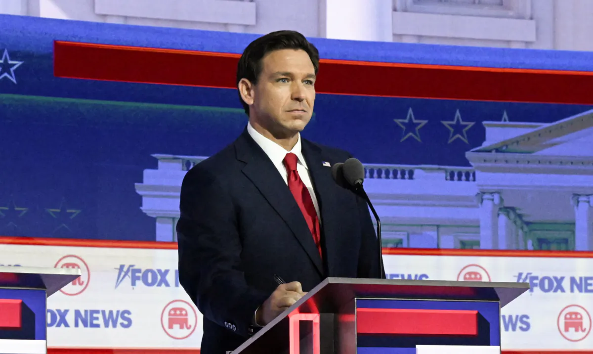 Florida Gov. Ron DeSantis takes part in the first Republican Presidential primary debate at the Fiserv Forum in Milwaukee, Wis., on Aug. 23, 2023. (Photo by PEDRO UGARTE/AFP via Getty Images)