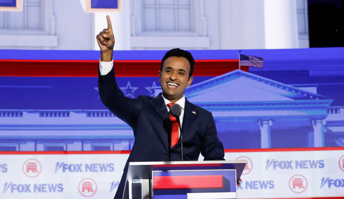Entrepreneur and author Vivek Ramaswamy waves as he arrives to take part in the first Republican Presidential primary debate at the Fiserv Forum in Milwaukee on Aug. 23, 2023. (Kamil Krzaczynski/AFP via Getty Images)