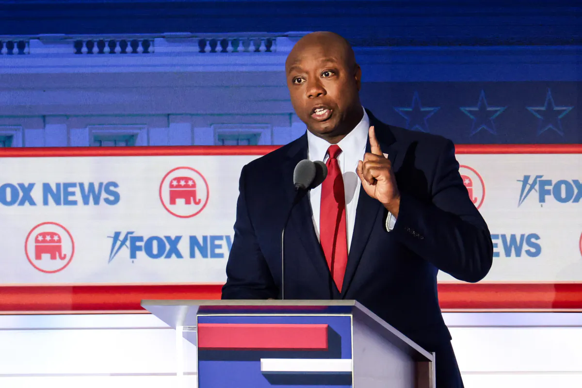Republican presidential candidate, U.S. Sen. Tim Scott (R-S.C.) speaks during the first debate of the GOP primary season hosted by FOX News at the Fiserv Forum, in Milwaukee, Wis., on Aug. 23, 2023. (Win McNamee/Getty Images)