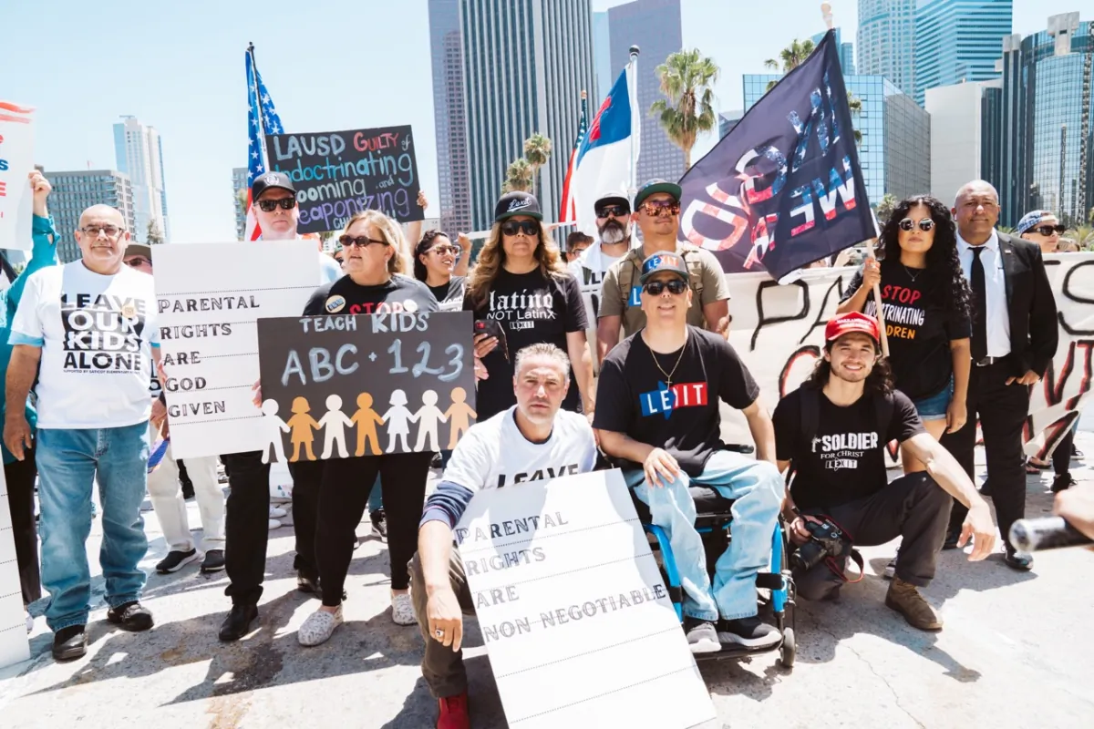 About 200 parental rights demonstrators marched through downtown Los Angeles to protest secret gender transitions in California public schools on Aug. 22, 2023. (Courtesy of Hasmik Bezirdshyan)
