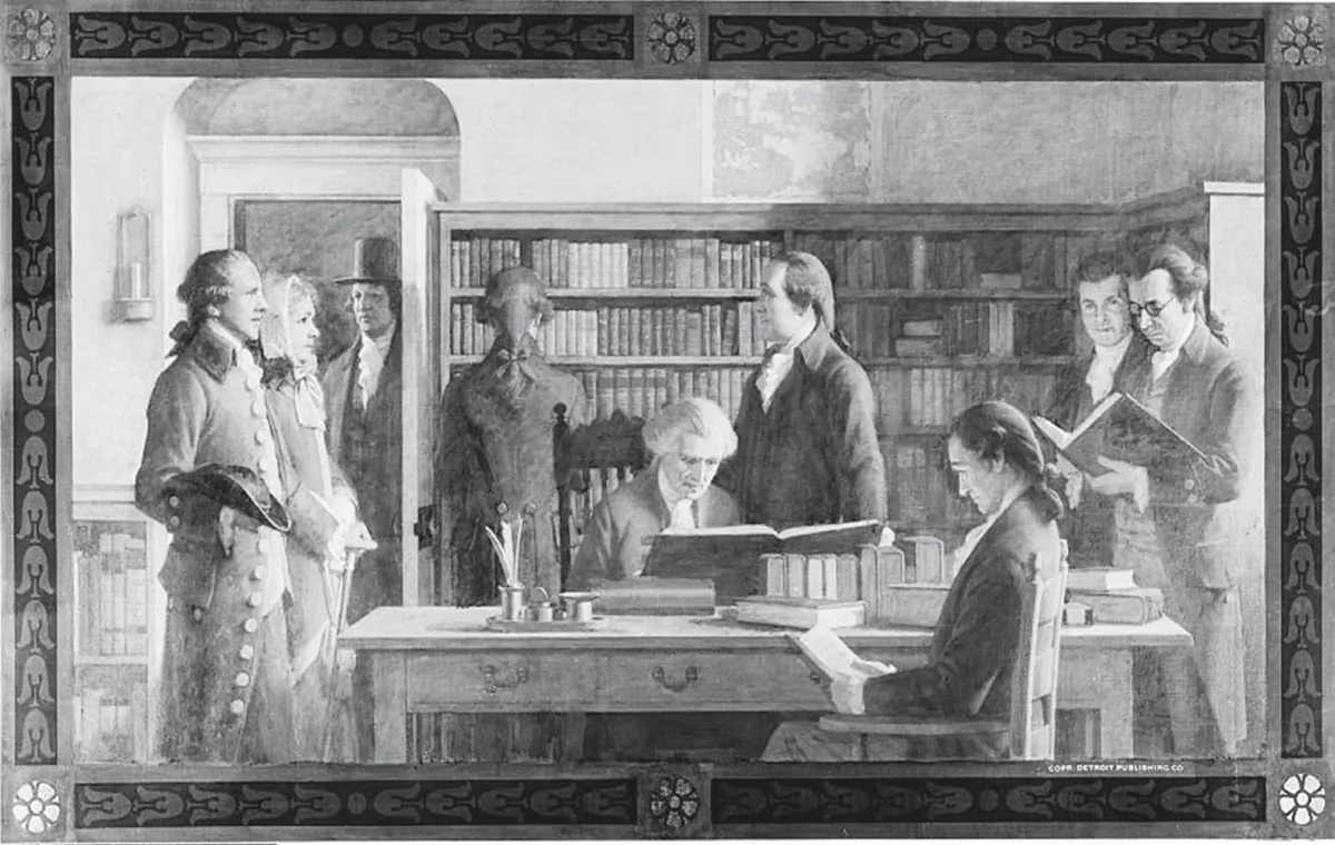 A photograph of a
painting of Franklin
opening the first
subscription library
in Philadelphia by
Charles E. Mills,
between 1900 and
1920. Library of Congress. (Public Domain)