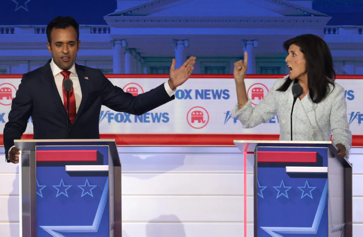 Republican presidential candidates, Vivek Ramaswamy (L) and former U.N. Ambassador Nikki Haley participate in the first debate of the GOP primary season, hosted by FOX News at the Fiserv Forum in Milwaukee, on Aug. 23, 2023. (Win McNamee /Getty Images)