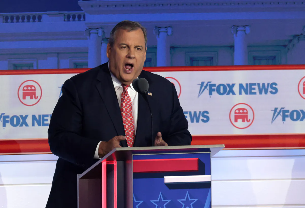 Former New Jersey Gov. Chris Christie participates in the first debate of the GOP primary season hosted by FOX News at the Fiserv Forum in Milwaukee, Wisconsin, on Aug. 23, 2023. (Win McNamee/Getty Images)