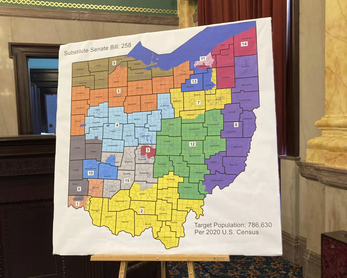A map of Ohio congressional districts is displayed during a committee hearing at the Ohio Statehouse in Columbus, Ohio, on Nov. 16, 2021. (Julie Carr Smyth/AP Photo)