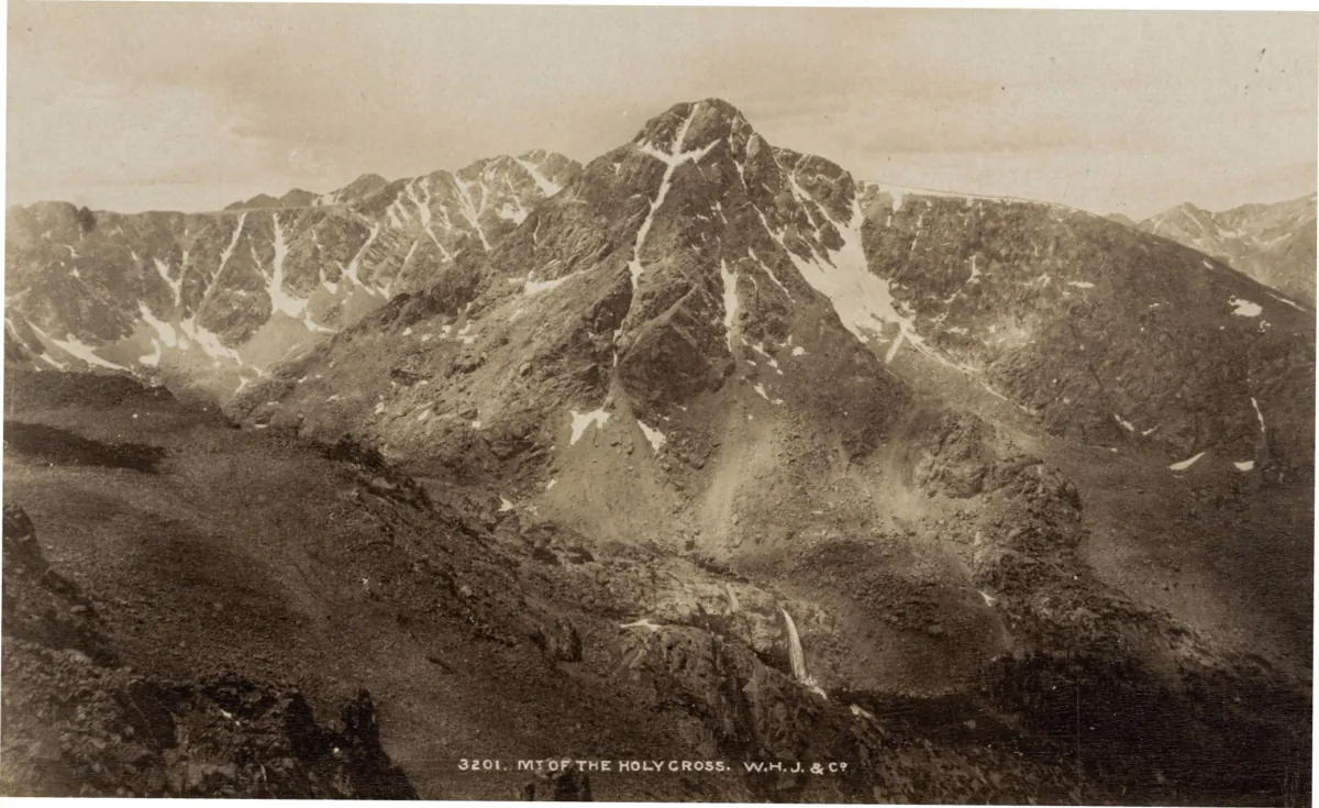 After two
days of strenuous
hiking, Jackson
captured the first
photograph of the
legendary Mount of
the Holy Cross in
Colorado’s Rocky
Mountains. “View
of Mount of the
Holy Cross in the
Rocky Mountains”
by Jackson, circa
1880–1900. (Public domain)