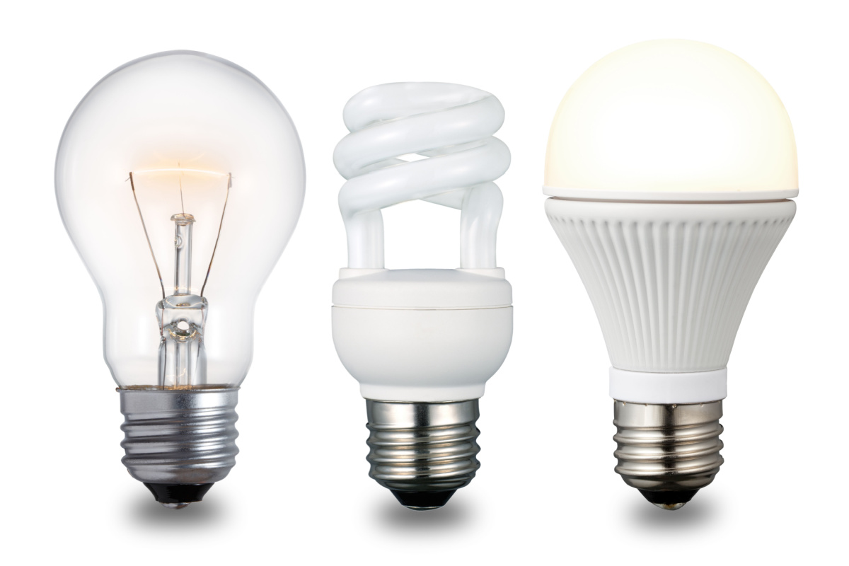 Incandescent light bulb (left), fluorescent light (center), and LED light.(sumire8/Shutterstock)