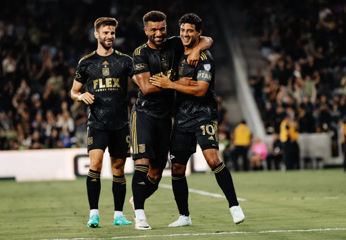 Los Angeles FC forward Carlos Vela (10) celebrates his goal against the Colorado Rapids during the first half with teammates Mario Gonzalez (9), and Timothy Tillman (11) at BMO Stadium in Los Angeles on Aug. 23,2023. (Courtesy of LAFC via The Epoch Times).