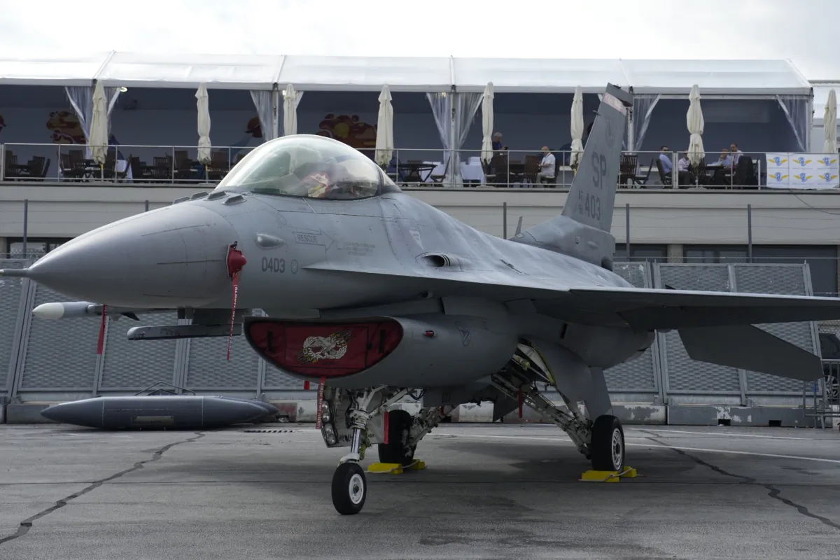 Air Force F-16 fighter jet is on display during the Paris Air Show in Le Bourget, north of Paris, France, on June 19, 2023. (Lewis Joly/AP Photo)