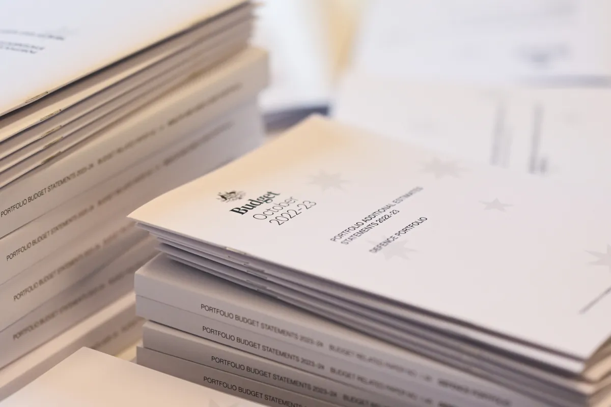 Detail view of documents during the Budget lockup in Canberra, Australia, on May 9, 2023. (Martin Ollman/Getty Images)