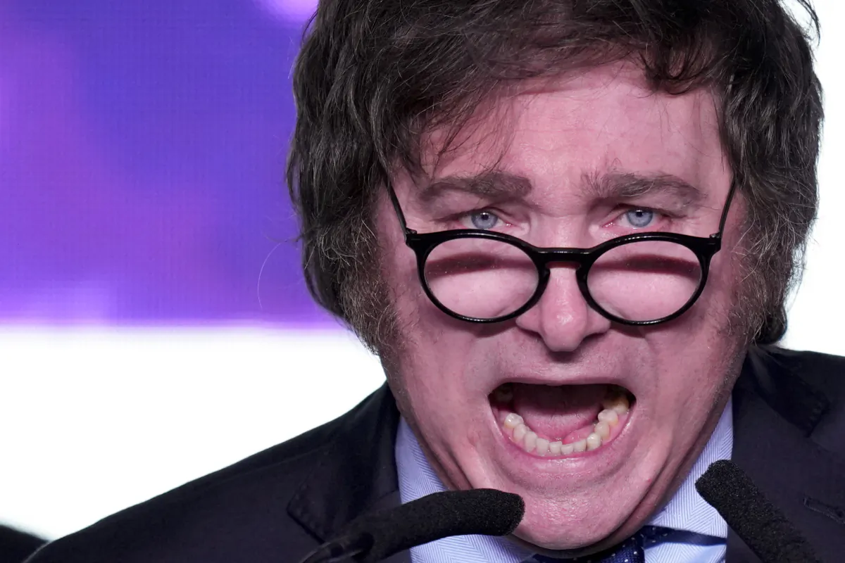 Javier Milei, presidential candidate of the Liberty Advances coalition, speaks at his campaign headquarters after polling stations closed during primary elections in Buenos Aires, Argentina, on Aug. 13, 2023. (Natacha Pisarenko/AP Photo)