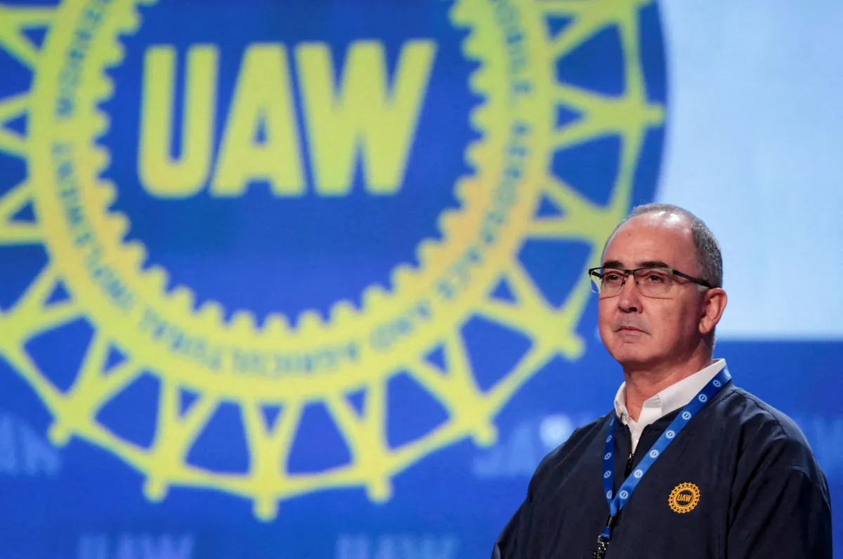 UAW President Shawn Fain chairs the 2023 Special Elections Collective Bargaining Convention in Detroit, Mich., on March 27, 2023. (Reuters/Rebecca Cook)