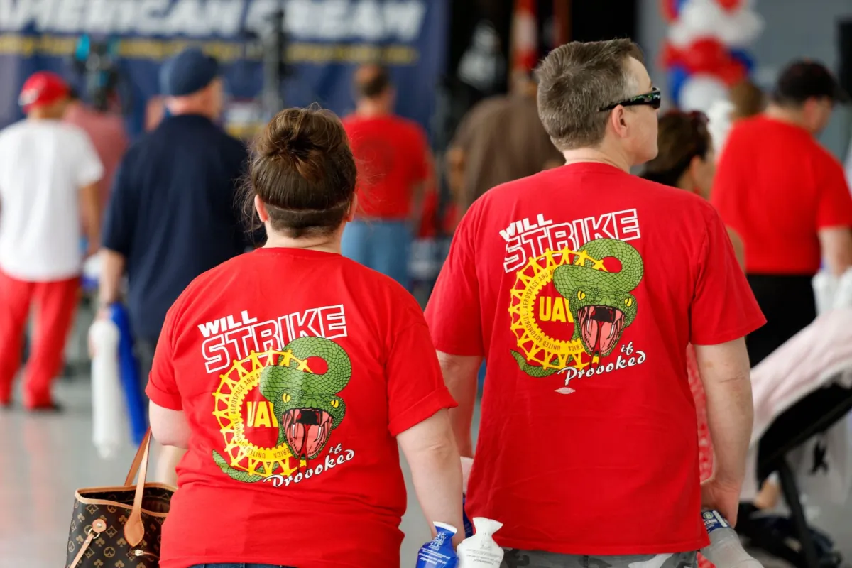 United Automobile Workers (UAW) members and supporters gather at the UAW Region 1 office in Warren, Michigan, on Aug. 20, 2023. (Jeff Kowalsky/ AFP/Getty Images)