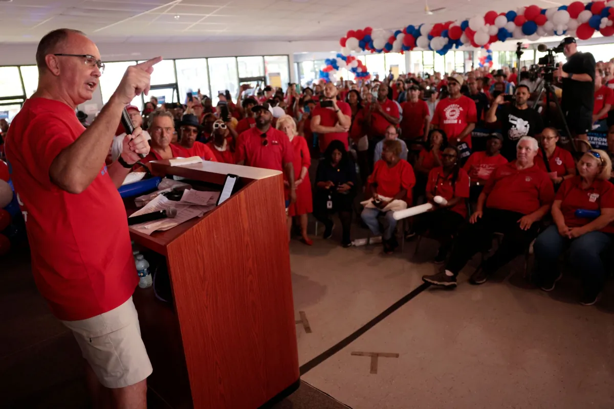 United Automobile Workers (UAW) President Shawn Fain speaks at an event in Warren, Michigan, on Aug. 20, 2023. (Jeff Kowalsky/AFP/Getty Images)