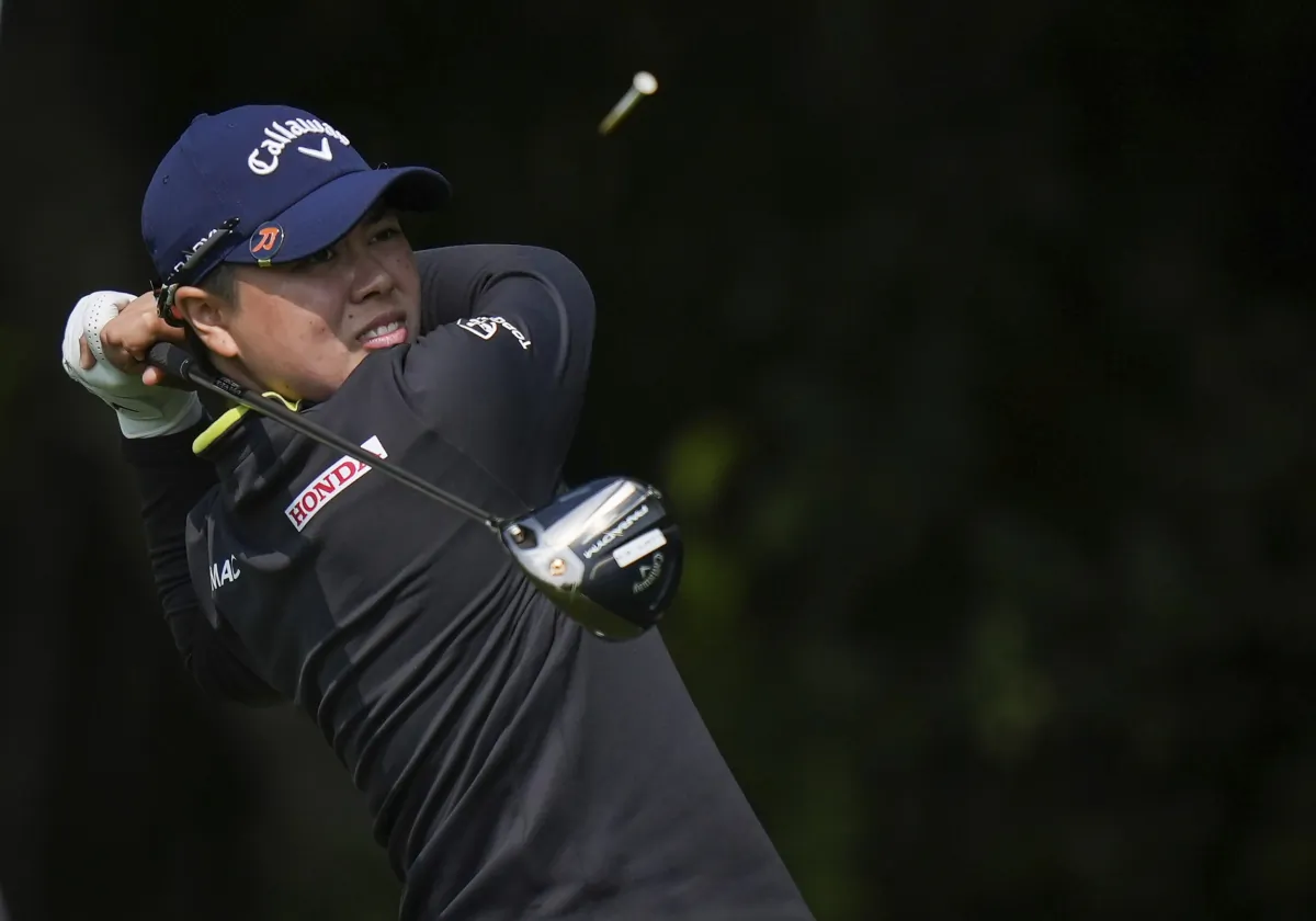 Yuka Saso of Japan hits her tee shot on the seventh hole during the first round at the CPKC Canadian Women's Open golf tournament in Vancouver, British Columbia, Canada, on Aug. 24, 2023. (Darryl Dyck/The Canadian Press via AP)