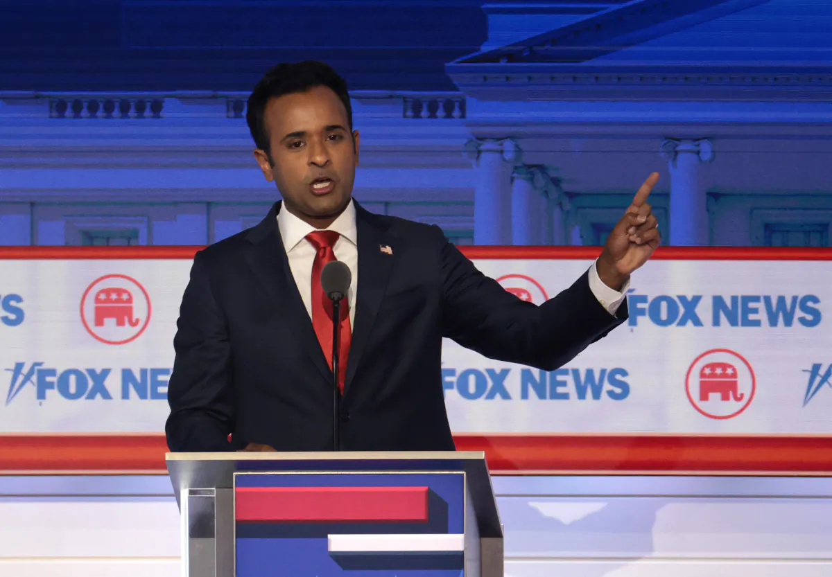 Republican presidential candidate Vivek Ramaswamy participates in the first debate of the GOP primary season hosted by FOX News at the Fiserv Forum in Milwaukee on Aug. 23, 2023. (Win McNamee/Getty Images)