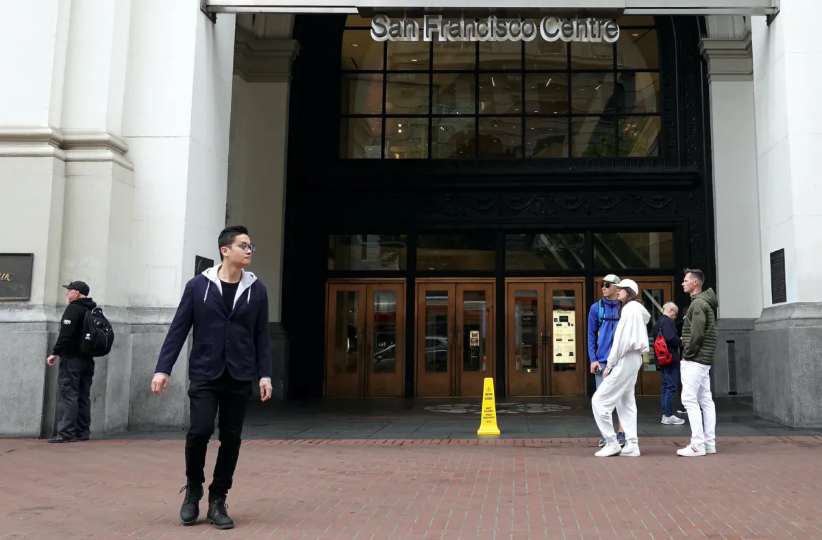 Pedestrians walk by the San Francisco Centre mall in San Francisco on June 14, 2023. (Justin Sullivan/Getty Images)