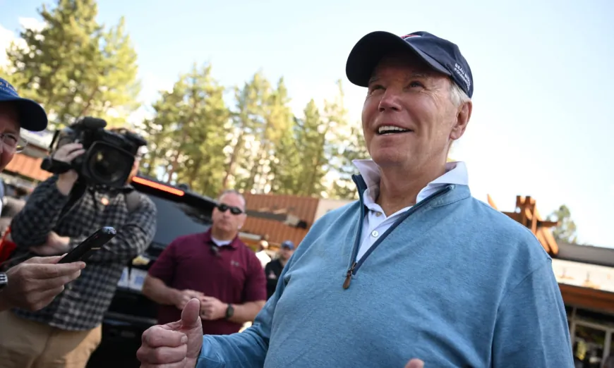 President Joe Biden speaks to the press after attending a Pilates class in South Tahoe, Calif., on Aug. 25, 2023. (Mandel NGAN/AFP via Getty Images)