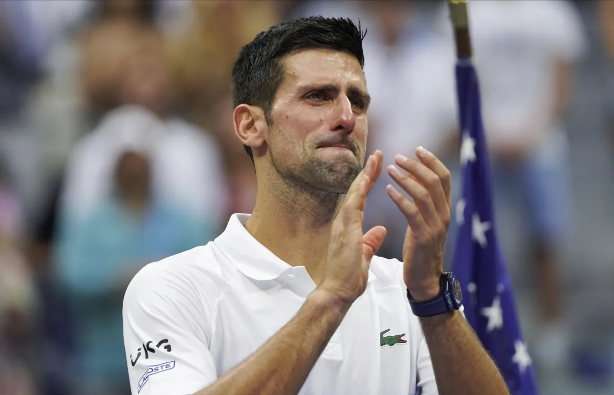 Novak Djokovic of Serbia reacts to the crowd after losing to Daniil Medvedev of Russia in the men's singles final of the U.S. Open tennis championships in New York on Sept. 12, 2021. (John Minchillo/AP Photo)