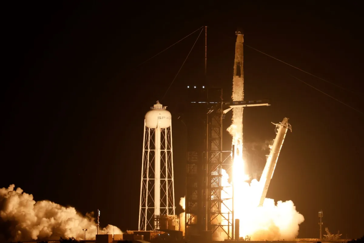 A SpaceX Falcon 9 rocket with the Crew Dragon spacecraft with astronauts on a mission to the International Space Station lifts off from pad 39A at Kennedy Space Center in Cape Canaveral, Fla., on Aug. 26, 2023. (Terry Renna/AP)