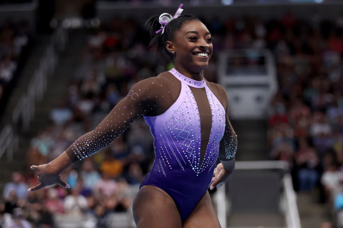 Simone Biles celebrates after competing in the floor exercise at the U.S. Gymnastics Championships, in San Jose, Calif., on Aug. 25, 2023. (Jed Jacobsohn/AP Photo)