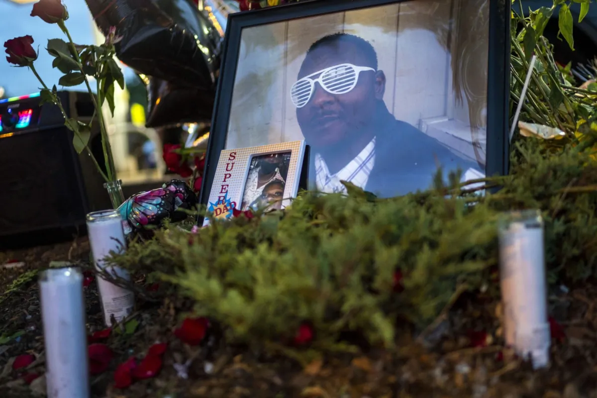 Items rest at a memorial for Leneal Lamont Frazier at the site of his death in Minneapolis on July 7, 2021. (Antranik Tavitian/Star Tribune via AP)