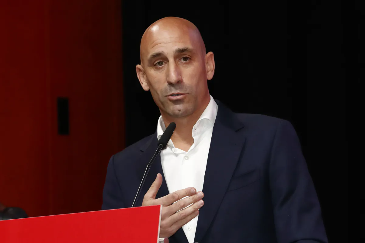 The president of the Spanish soccer federation Luis Rubiales speaks during an emergency general assembly meeting in Las Rozas, Spain on Aug. 25, 2023. (Real Federación Española de Fútbol/Europa Press via AP)