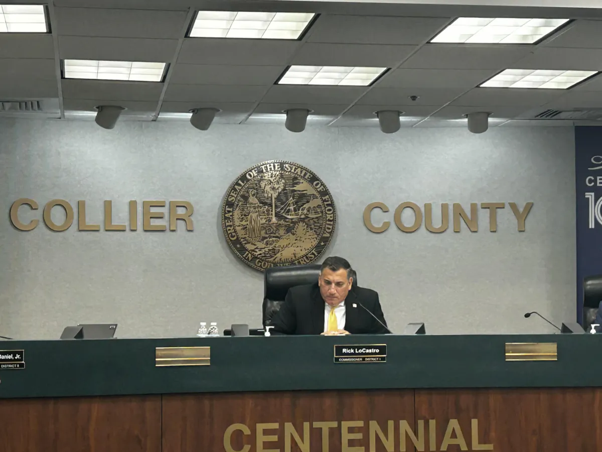 Collier County Board of County Commissioners Chair Rick LoCastro prepares for a meeting in Florida on Aug. 22, 2023. (Patricia Tolson/The Epoch Times)