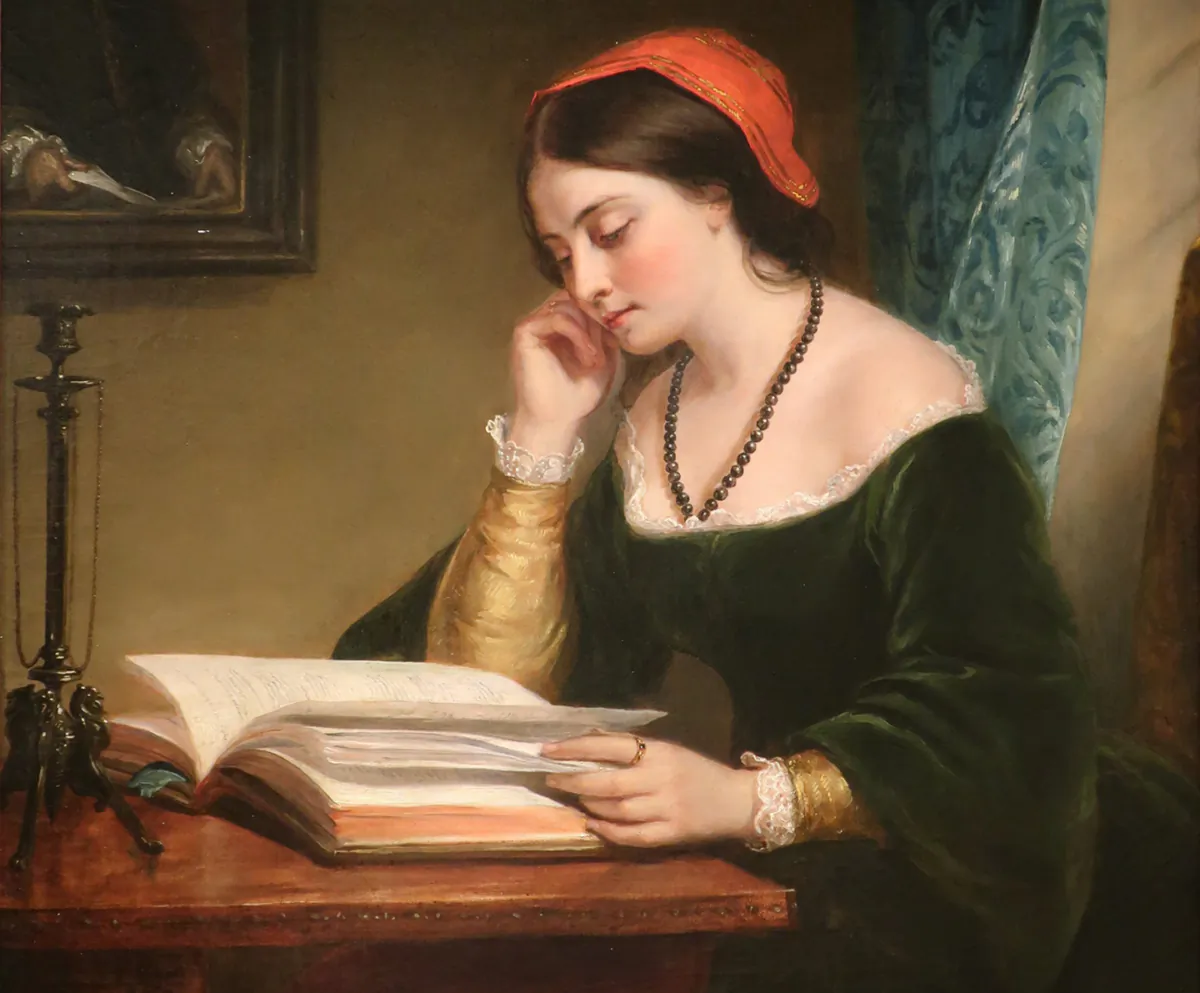 A detail of "The Fair Student (Girl Reading)," 1858, by Daniel Huntington. (Public Domain)