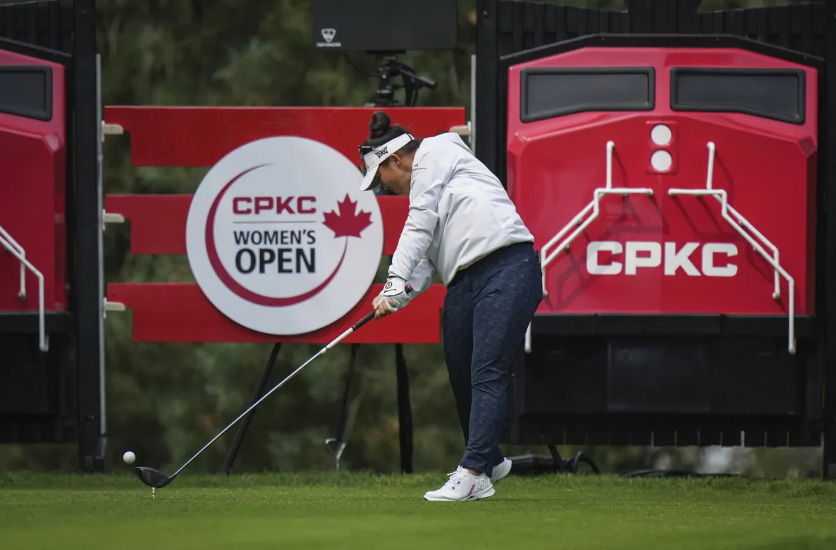 Megan Khang, of the United States, hits her tee shot on the 18th hole during the second round at the LPGA CPKC Canadian Women's Open golf tournament in Vancouver, British Columbia, on Aug. 25, 2023. (Darryl Dyck/The Canadian Press via AP)